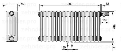 Схема (чертеж) Радиатор Zehnder Charleston 4055/16 №V008 Белый глянцевый RAL 9016